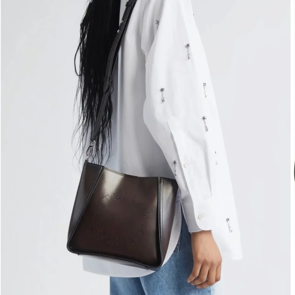 Stella McCartney Logo Faux Leather Crossbody Bag Black -Brown